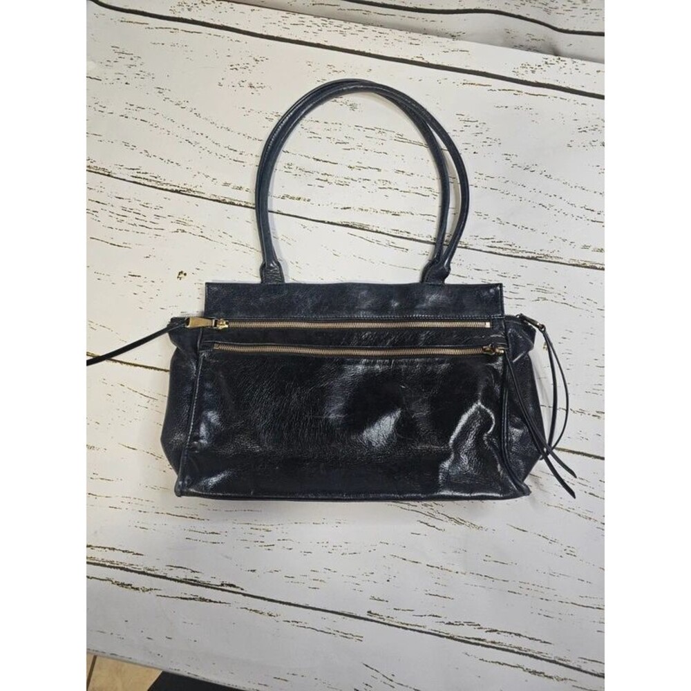 HOBO International Black Genuine Leather Shoulder Tote Bag Brass Zip Organizer